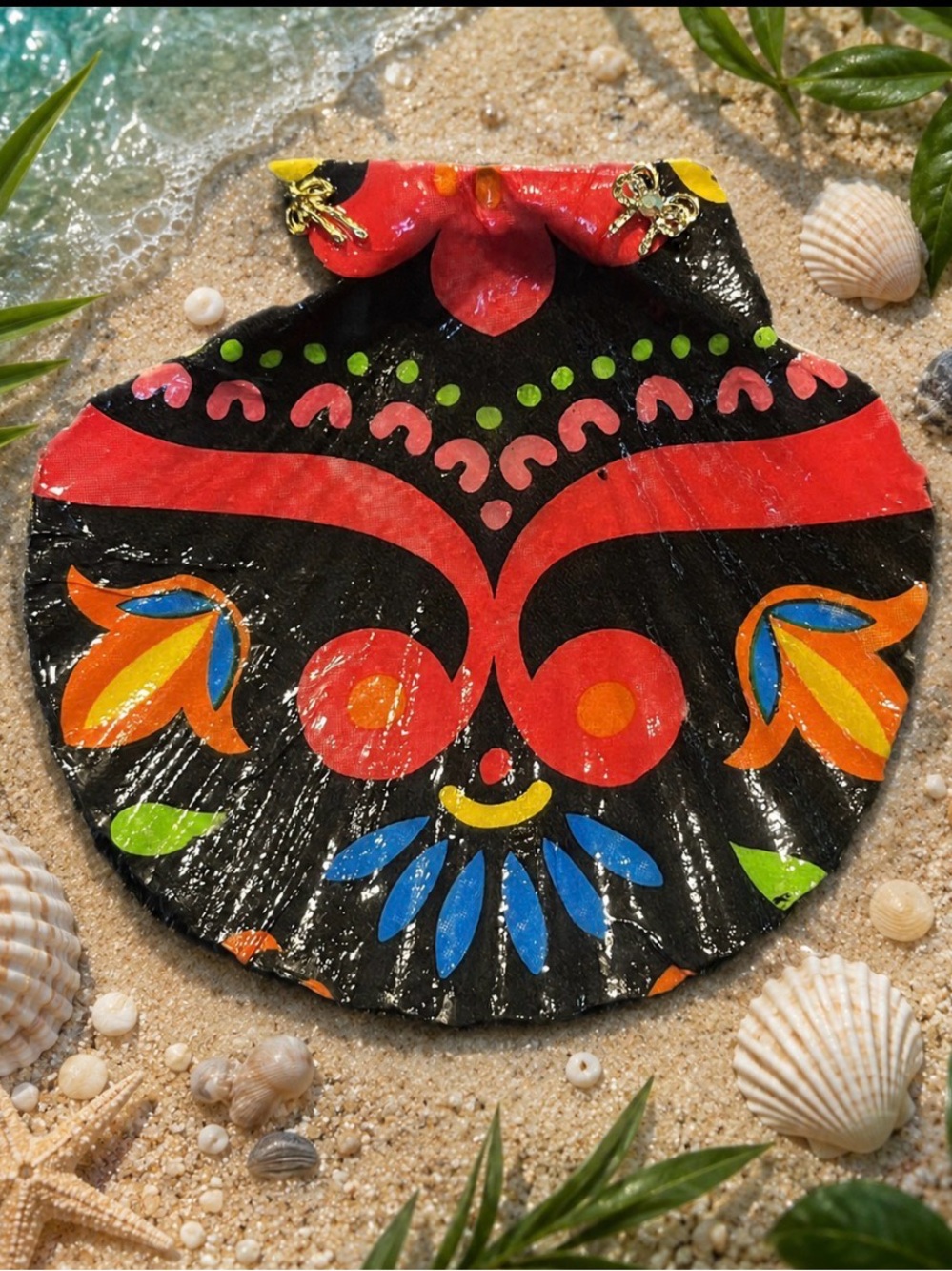 Decoupaged Decorative Shell Ring Holder — Black, Red, Orange, Blue, Green